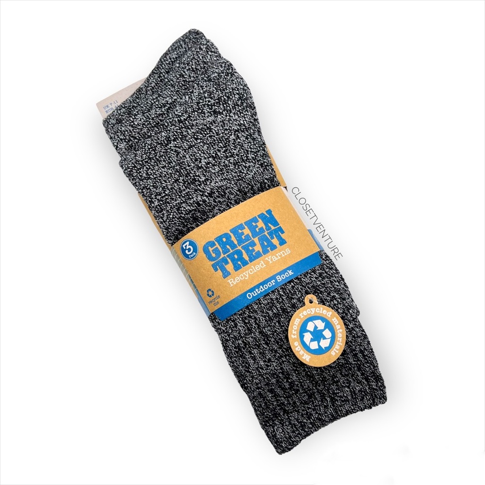 Green Treat Recycled Yarns Heathered Grey 3 Pairs Outdoor Socks Men’s 8-12 - Picture 1 of 6